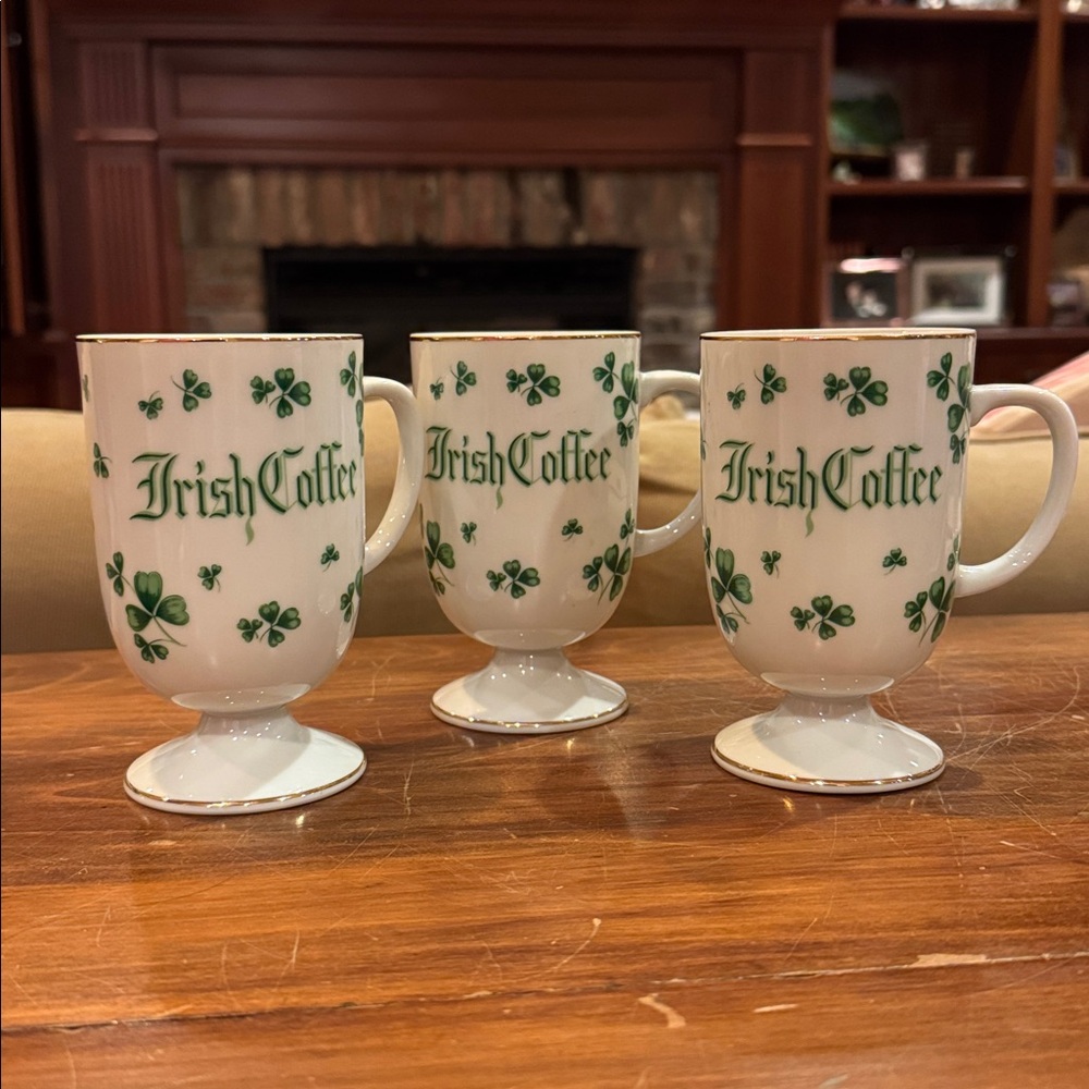 LIKE NEW! Vintage Lefton Gold Trimmed Irish Coffee Footed Mugs Set of Three RARE